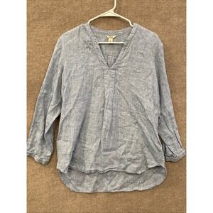 LL Bean Women L Petit Linen Tunic Top Blue Summer Coastal Natural Fiber Nice
